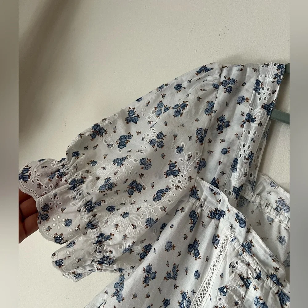 NWT By Anthropologie Puff-Sleeve Eyelet Top size LP Ivory Blue Floral Print Boho